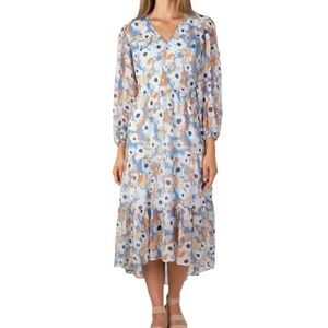 Joie Blue White & Orange Floral Field Tiered Midi Dress